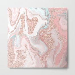 Modern rose gold glitter coral gray pastel marble marbling effect pattern Metal Print