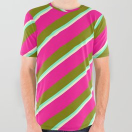 [ Thumbnail: Deep Pink, Green, Aquamarine, and Light Yellow Colored Lined/Striped Pattern All Over Graphic Tee ]