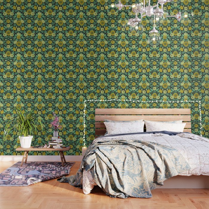 Seafoam Green Chartreuse Mustard Yellow Navy Blue Floral Pattern Wallpaper By Somecallmebeth