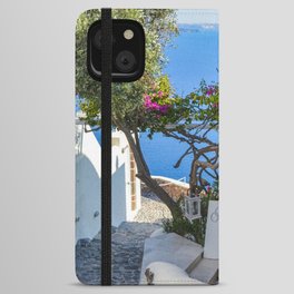 Santorini, Greece, Pink Flowers, Ocean View iPhone Wallet Case