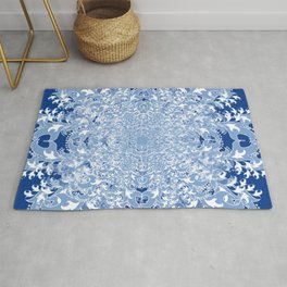 Snowflake Inspired Digital Mandala, Navy and Blue Boho Chic Area & Throw Rug