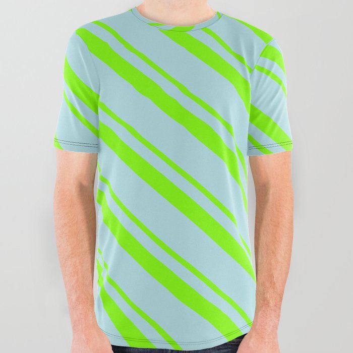 Chartreuse & Powder Blue Colored Lined Pattern All Over Graphic Tee