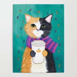 Calico Autumn Pumpkin Coffee Cat Poster