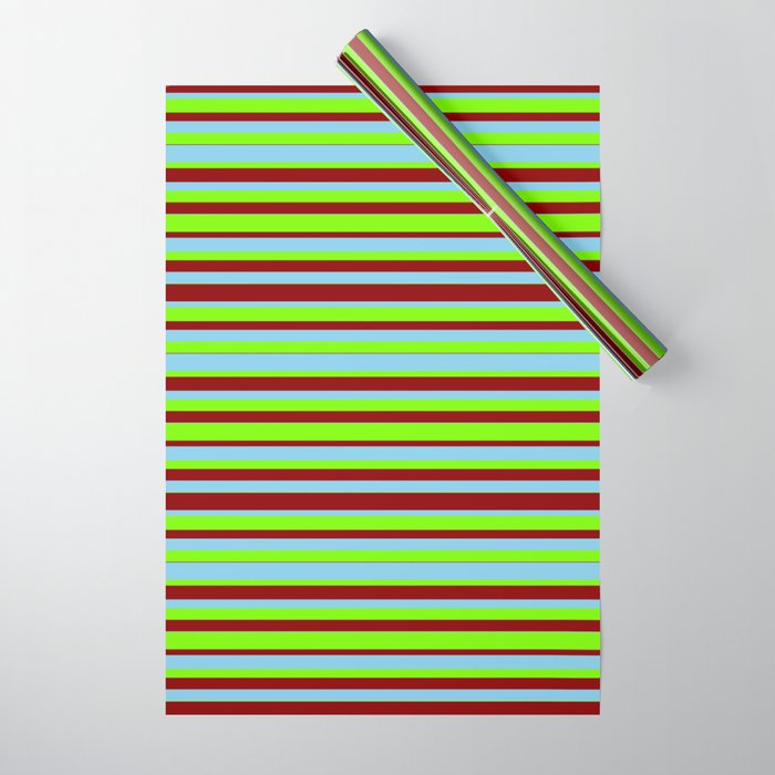 Sky Blue, Green & Dark Red Colored Lined Pattern Wrapping Paper