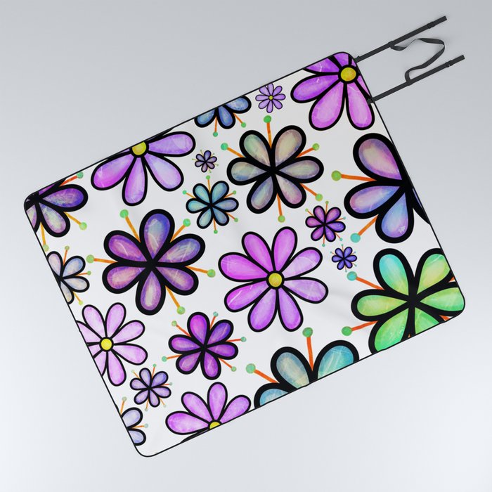 Doodle Daisy Flower Pattern 19 Picnic Blanket