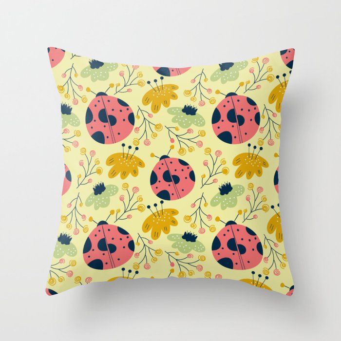 Scandinavian Spring Flowers with Ladybugs Throw Pillow