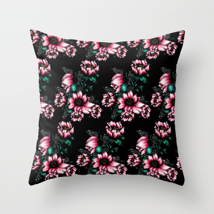 Les Flowers in Black Throw Pillow