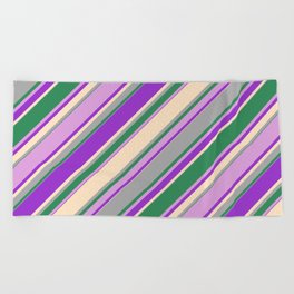 [ Thumbnail: Colorful Dark Orchid, Bisque, Dark Gray, Sea Green & Plum Colored Lines Pattern Beach Towel ]