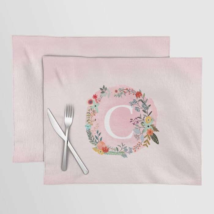 Flower Wreath with Personalized Monogram Initial Letter C on Pink Watercolor Paper Texture Artwork Placemat