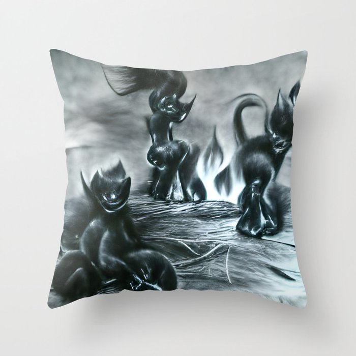 Black kittens playing in hell Throw Pillow