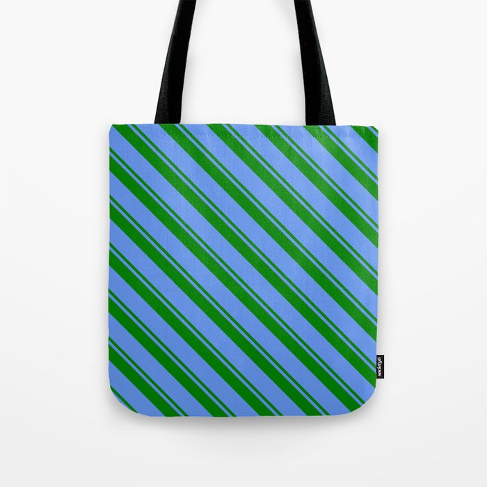 Green and Cornflower Blue Colored Pattern of Stripes Tote Bag