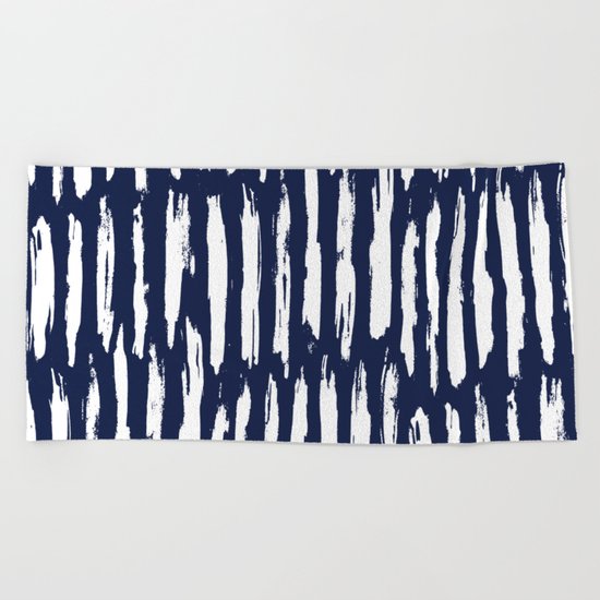 Vertical Dash White on Navy Blue Paint Stripes Beach Towel