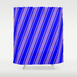 [ Thumbnail: Blue and Purple Colored Stripes Pattern Shower Curtain ]