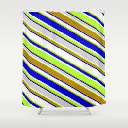 [ Thumbnail: Colorful Light Gray, Mint Cream, Light Green, Dark Goldenrod, and Blue Colored Striped/Lined Pattern Shower Curtain ]