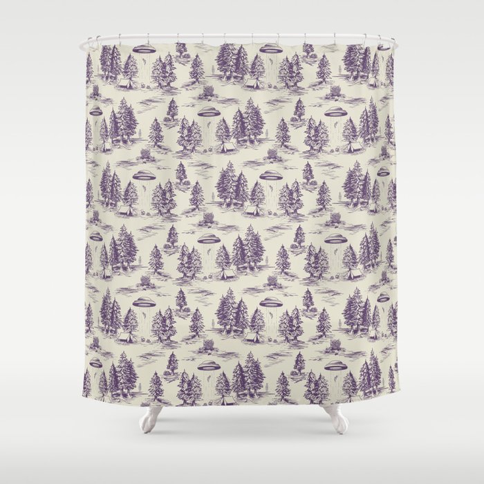 Purple Alien Abduction Toile De Jouy Pattern Shower Curtain