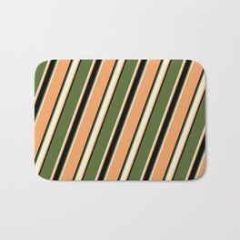 [ Thumbnail: Dark Olive Green, Beige, Brown & Black Colored Pattern of Stripes Bath Mat ]