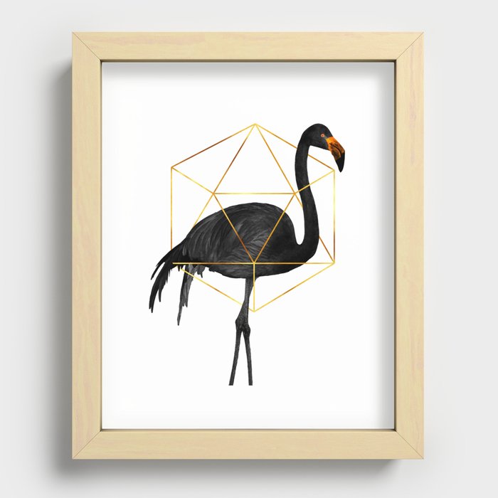Black Flamingo - Tropical Wall Decor - Flamingo Posters - Exotic, Black, Gold, Modern, Minimal Recessed Framed Print