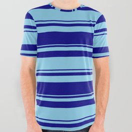 [ Thumbnail: Blue and Sky Blue Colored Stripes/Lines Pattern All Over Graphic Tee ]