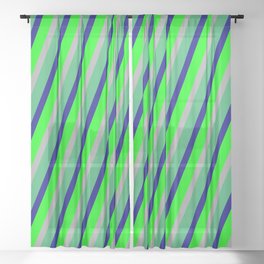 [ Thumbnail: Sea Green, Blue, Lime & Dark Gray Colored Lines Pattern Sheer Curtain ]