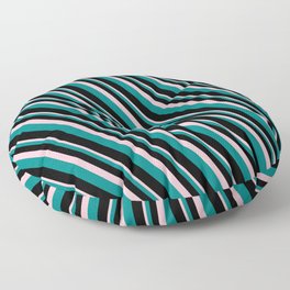 [ Thumbnail: Pink, Teal, and Black Colored Lined/Striped Pattern Floor Pillow ]