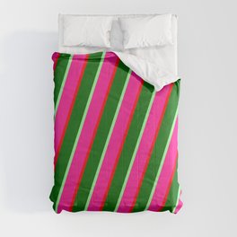 [ Thumbnail: Green, Deep Pink, Red, and Dark Green Colored Striped/Lined Pattern Comforter ]