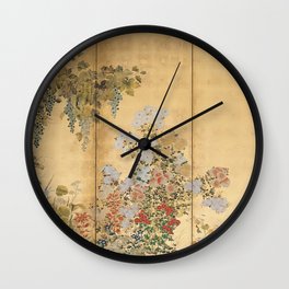 Japanese Edo Period Six-Panel Gold Leaf Screen - Spring and Autumn Flowers Wall Clock | Tarashikomi, Other, Autumn, Nature, Realism, Edo, Japanese, Leaf, Illustration, Flowers 