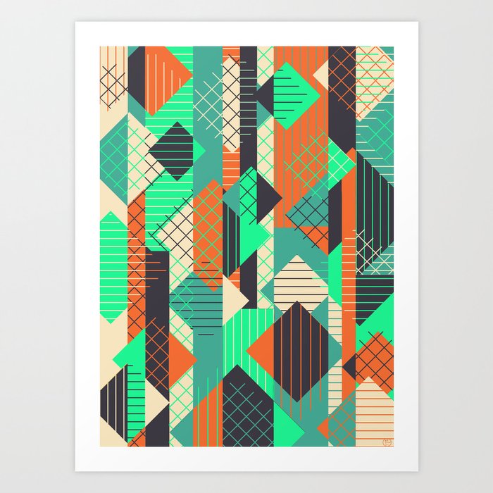 Squares Grids Stripes II (Modern Retro Color Palette) Art Print