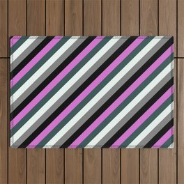 [ Thumbnail: Vibrant Orchid, Dark Slate Gray, Mint Cream, Gray & Black Colored Stripes Pattern Outdoor Rug ]