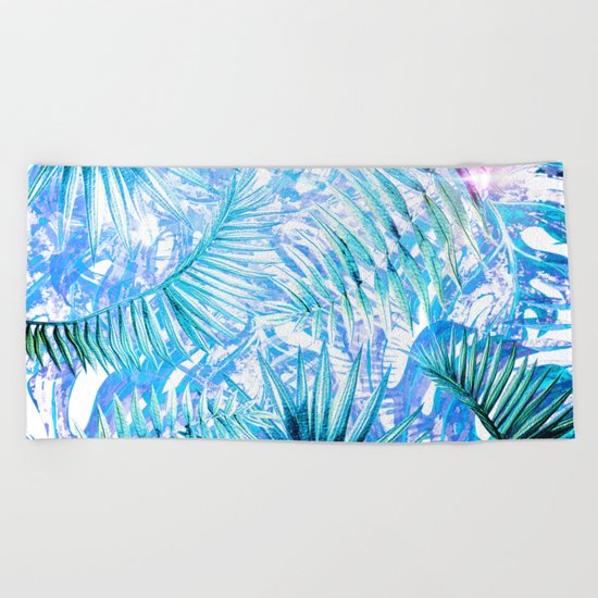 Aloha- Blue abstract Tropical Palm Leaves and Monstera Leaf Garden Beach Towel