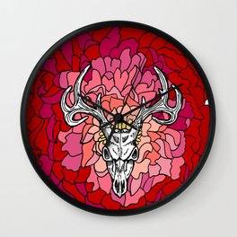 Deer Skull on Red Flower Wall Clock