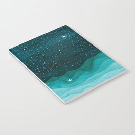 Starry Ocean, teal sailboat watercolor sea waves night Notebook