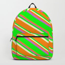 [ Thumbnail: Light Yellow, Dark Orange, Orchid, and Lime Colored Lined Pattern Backpack ]