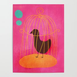 Hot Pink Crow Bird In a Cage Poster