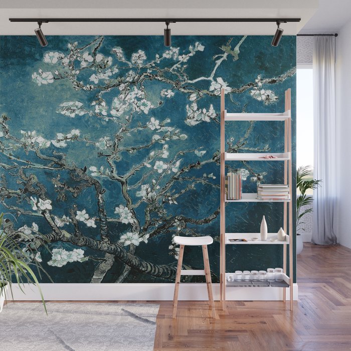 Van Gogh Almond Blossoms Dark Teal Wall Mural By