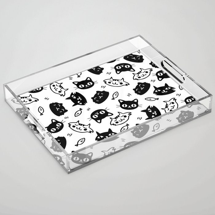 Black White Cute Cats Pattern Acrylic Tray