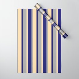 [ Thumbnail: Dark Grey, Midnight Blue & Tan Colored Stripes Pattern Wrapping Paper ]