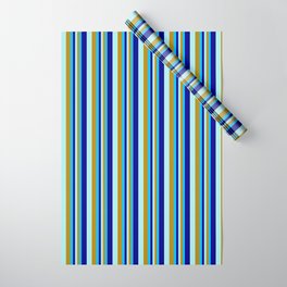 [ Thumbnail: Deep Sky Blue, Dark Goldenrod, Turquoise & Dark Blue Colored Striped/Lined Pattern Wrapping Paper ]