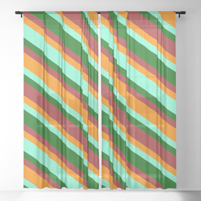Aquamarine, Dark Green, Brown & Dark Orange Colored Pattern of Stripes Sheer Curtain