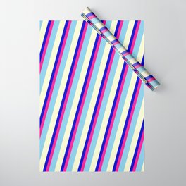 [ Thumbnail: Blue, Deep Pink, Sky Blue, and Light Yellow Colored Stripes/Lines Pattern Wrapping Paper ]