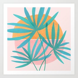 Teal and Pink Retro Sunset Palms Art Print