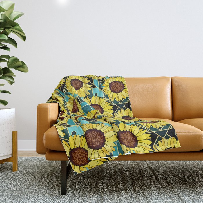 Sunflowers on Teal & Gold Art Deco Throw Blanket
