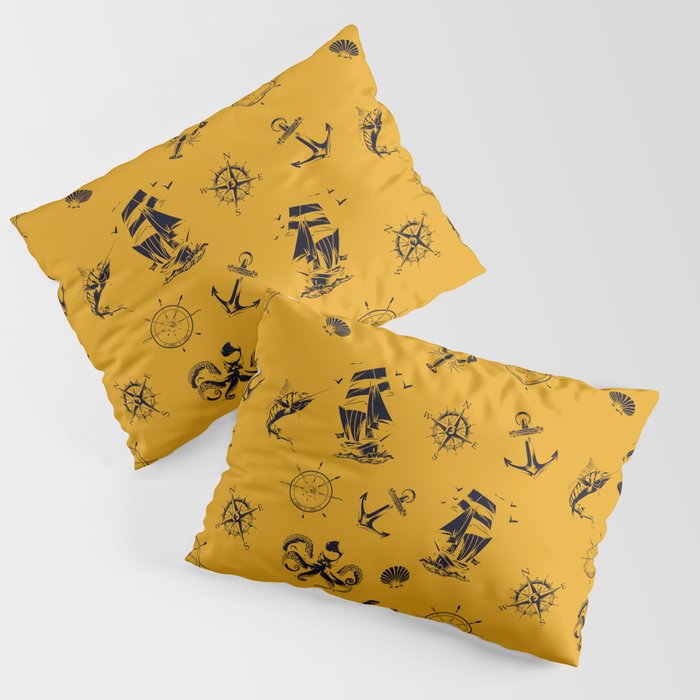 Mustard And Blue Silhouettes Of Vintage Nautical Pattern Pillow Sham