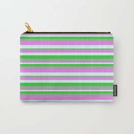 [ Thumbnail: Violet, Light Cyan, Lime Green, and Dark Grey Colored Lines/Stripes Pattern Carry-All Pouch ]
