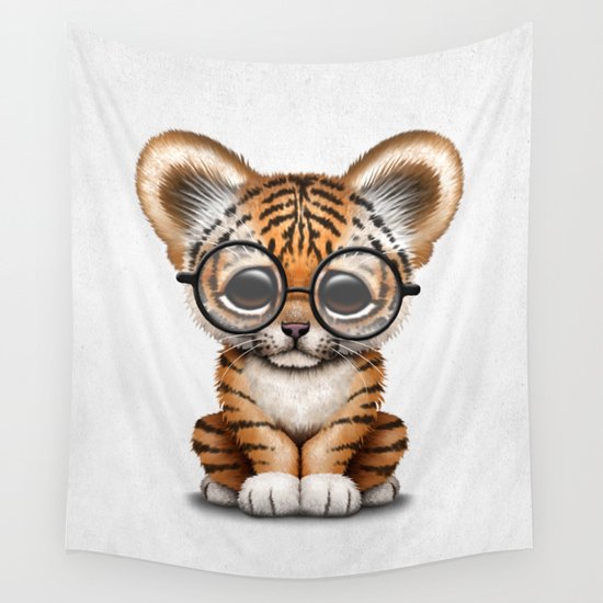 Cute Baby Tiger Cub Wearing Eye Glasses On White Wall Tapestry By Jeff Bartels Society6