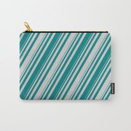 [ Thumbnail: Teal & Light Grey Colored Striped Pattern Carry-All Pouch ]