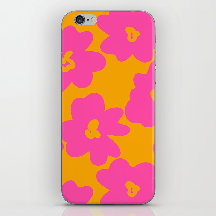 Abstract Retro Flowers Magenta Red Blooms On Orange Background iPhone Skin