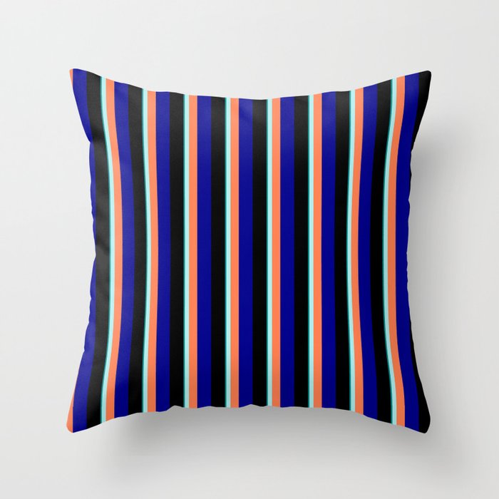 Eye-catching Dark Cyan, Turquoise, Coral, Dark Blue, and Black Colored Striped Pattern Throw Pillow