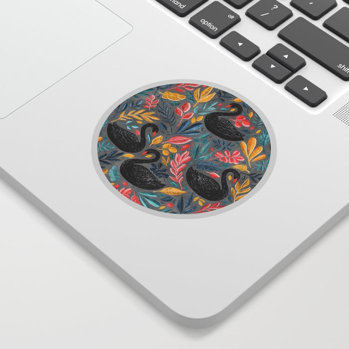 Bonny Black Swans with Lots of Leaves on Grey Sticker