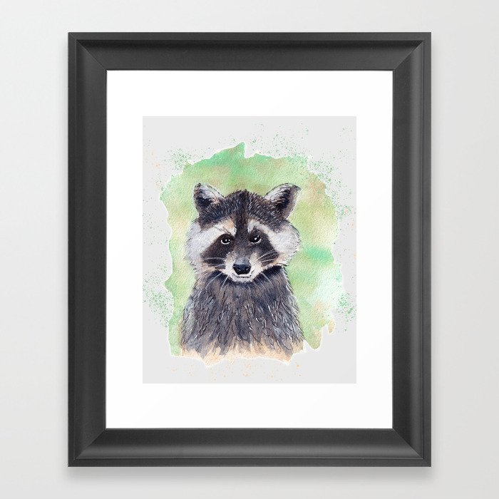 Raccoon Portrait Watercolor - White Background Framed Art Print