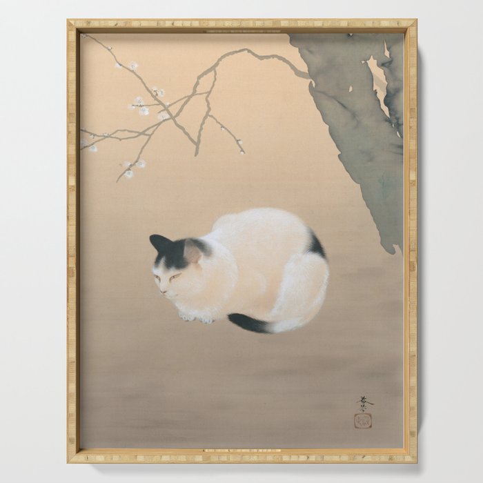 Cat and Plum Blossoms Japanese Painting Serving Tray